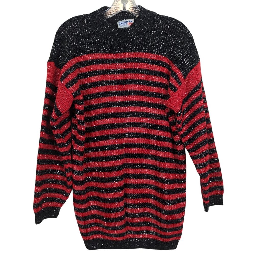 Vintage American Pride Sweater M Black Red Metallic Stripe Knit Pullover Retro